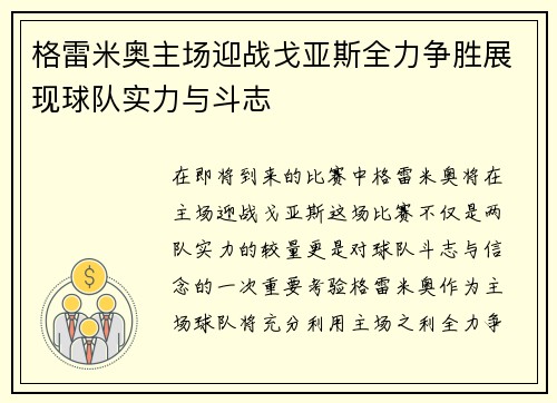 格雷米奥主场迎战戈亚斯全力争胜展现球队实力与斗志